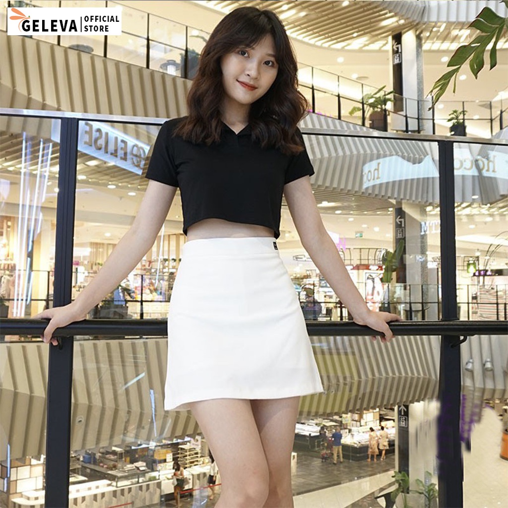 Áo croptop nữ tay ngắn có cổ kiểu polo crt sơ mi thun đẹp, Áo phông crop top nữ nhiều màu trắng đen ghi Geleva GE761
