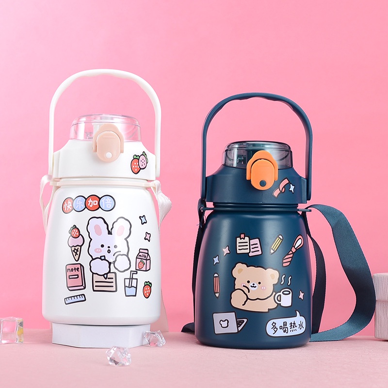 Bình nước giữ nhiệt 900ml có ống hút trang trí rất cute (B9002)