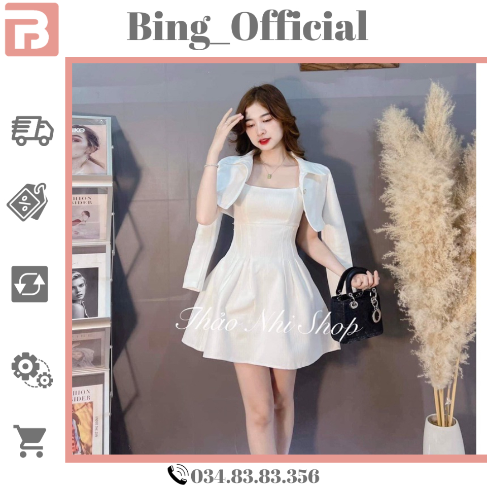Set đầm chiết eo trắng mix áo khoác croptop cài nút QA100