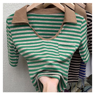 Áo thun polo cotton tay ngắn cổ chữ v họa tiết kẻ sọc thời trang mùa hè cho nữ
