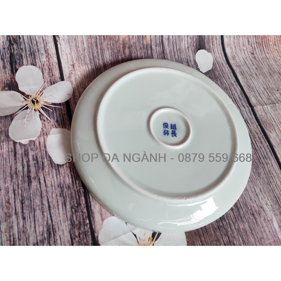 Bộ ấm chén uống trà có tay cầm, khay tròn, men lam Bát Tràng