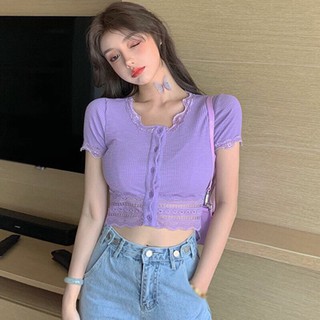 Áo Croptop Viền Ren Cổ Tròn, Áo Bánh Bèo Dễ Thương Tay Ngắn
