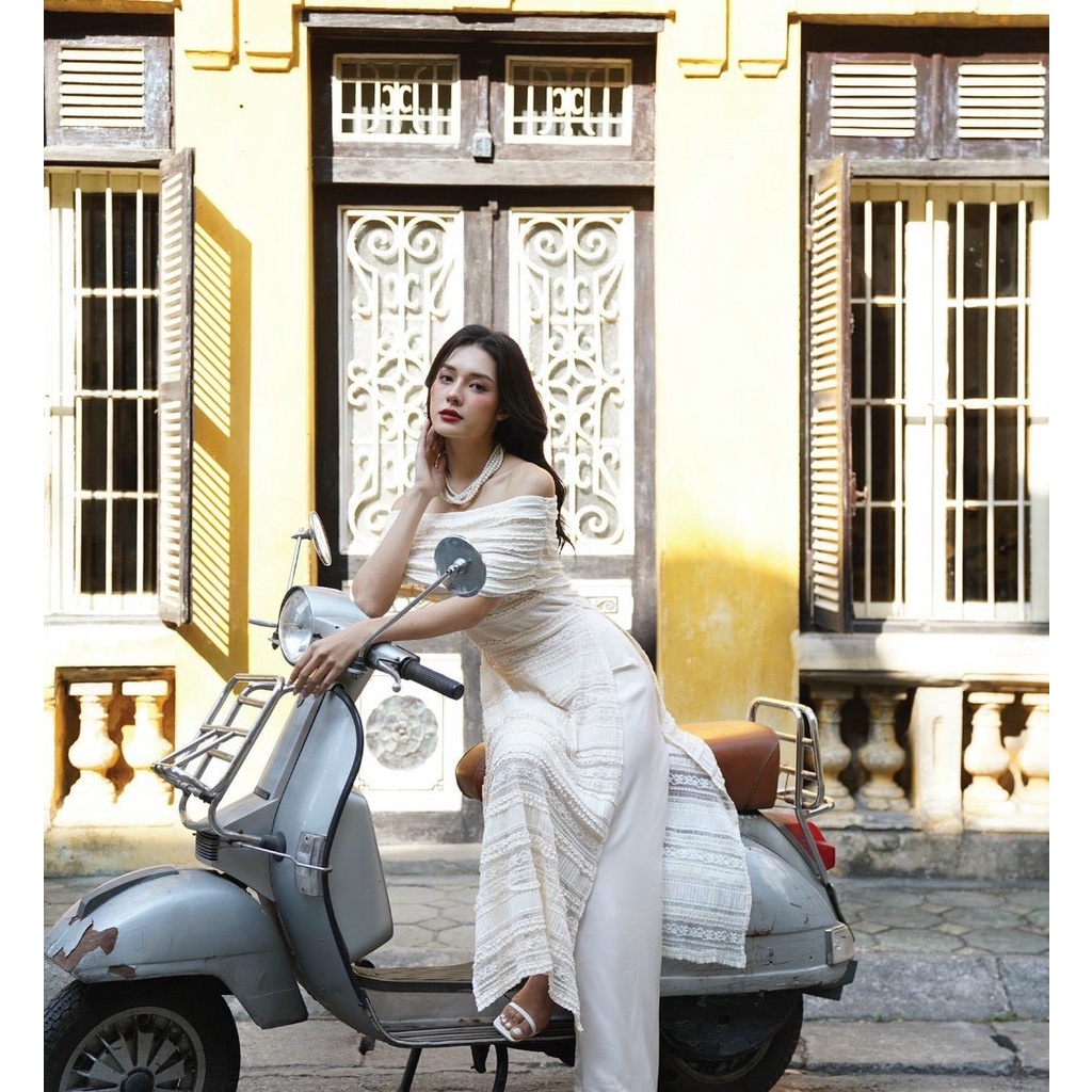 [Aimee Clothing] Áo dài ren trễ vai tiểu thư, cá tính siêu tôn dáng - Áo dài Tết thiết kế chất liệu ren cao cấp