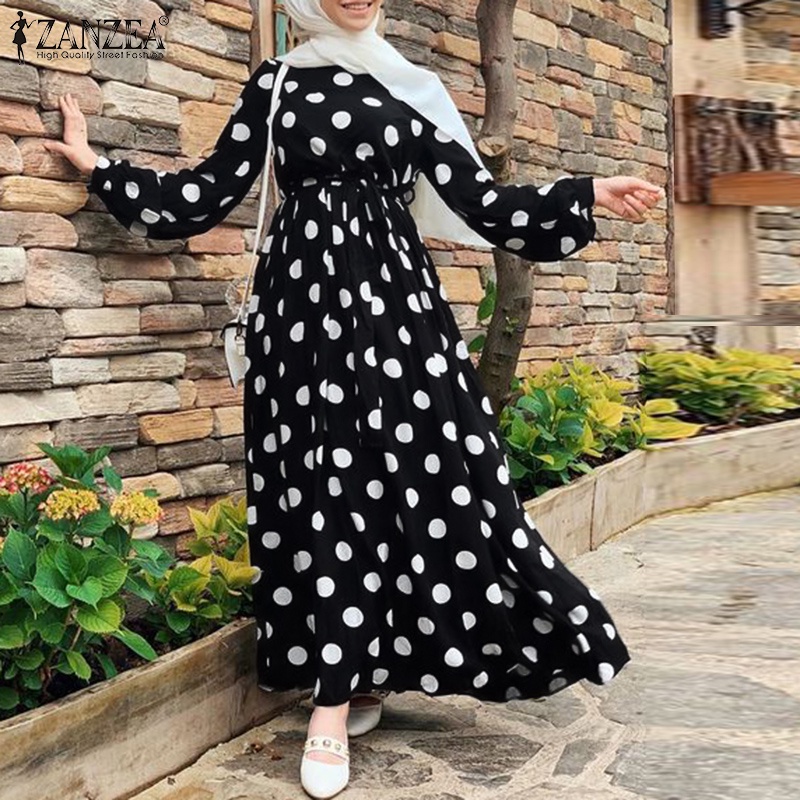 Zanzea Đầm Maxi Tay Dài Hoạ Tiết Chấm Bi Cho Phụ Nữ Islam