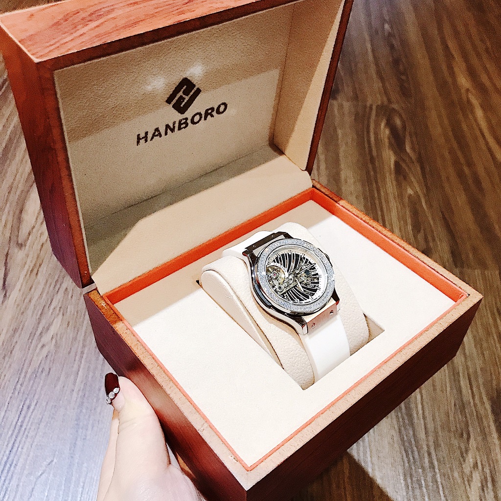 Đồng Hồ Nữ Hanboro By Huboler Dây Silicon Trắng Silver 36mm Chính Hãng
