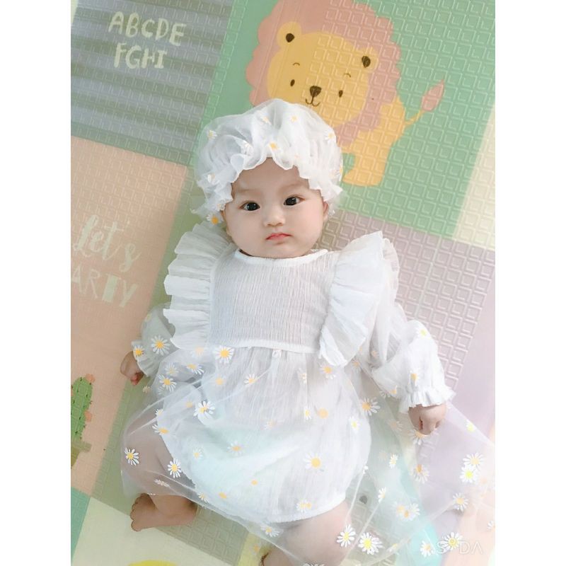 Set đầm body lồng váy dễ thương cho bé gái sơ sinh đến 12kg họa tiết cúc họa mi siêu yêu TẶNG kèm Nón xinh đồng bộ