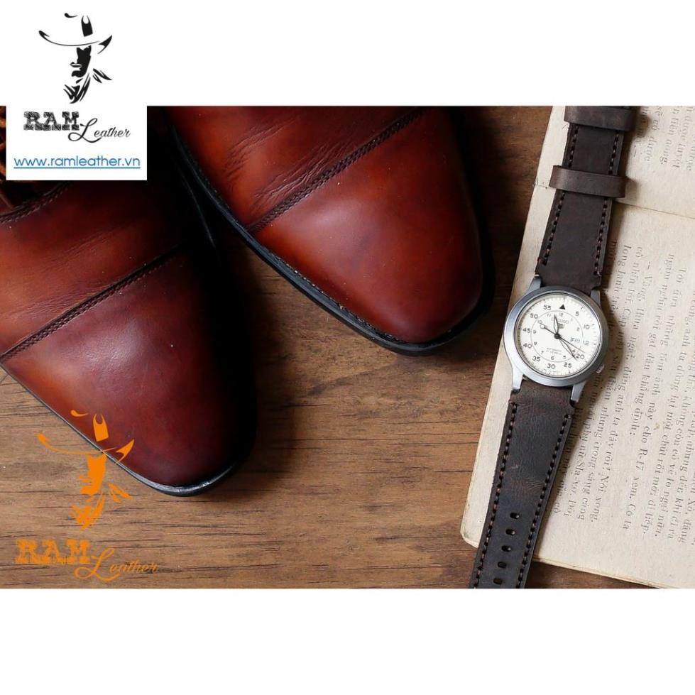Dây Đồng Hồ Da Bò Cho Casio Ae1200 Whd Và Seiko 5 37mm  - Da Sáp Ngựa Điên Cực Chất +