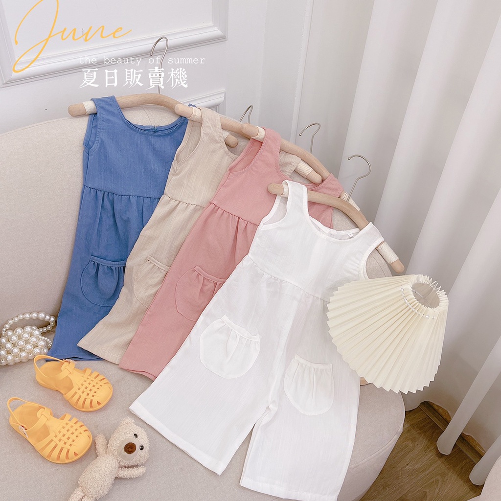 Jumpsuit đũi trơn Hàn Quốc 4 màu cho bé gái 10-20kg