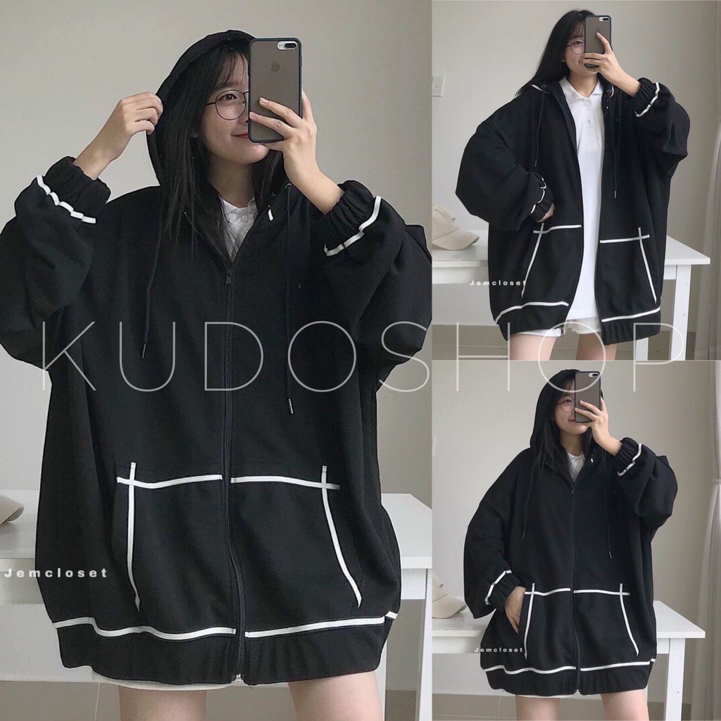 Áo khoác thu đông dài tay họa tiết viền trắng dáng thụng ulzzang/ Áo khoác có mũ nam nữ tay bo chun kiểu hàn quốc | BigBuy360 - bigbuy360.vn