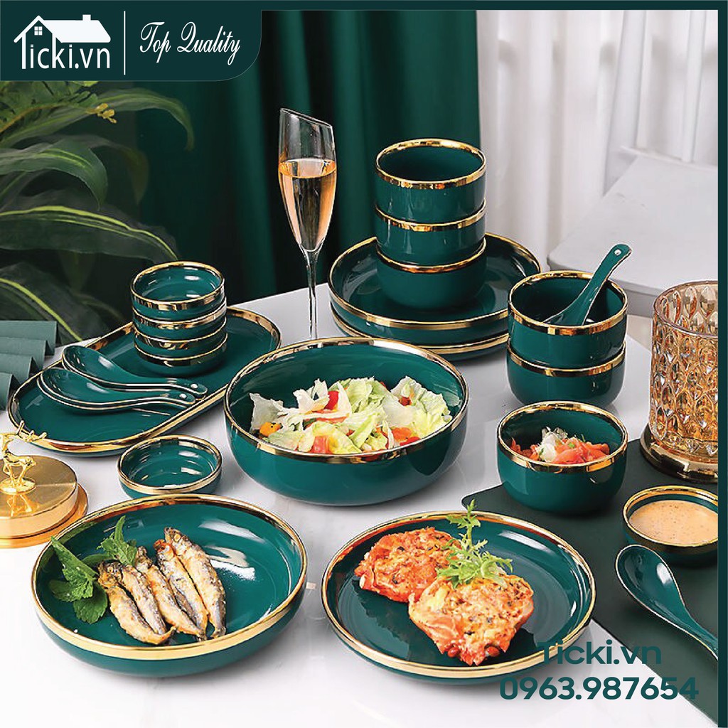 Bộ bát đĩa đẹp màu xanh lòng xanh viền vàng phong cách Bắc Âu sang trọng,gốm sứ bát tràng Ticki - Quality