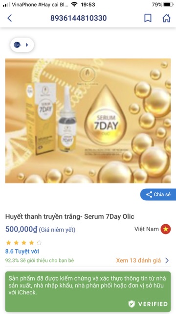 Combo 5 chai huyết thanh truyền trắng 7day olic(bao hàng chính hảng cty olic giả hoàn tiền)