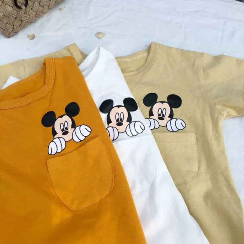 Áo thun cộc tay trẻ em cho bé 8-18kg chất cotton 100% co giãn 4 chiều hình chuột micky có túi