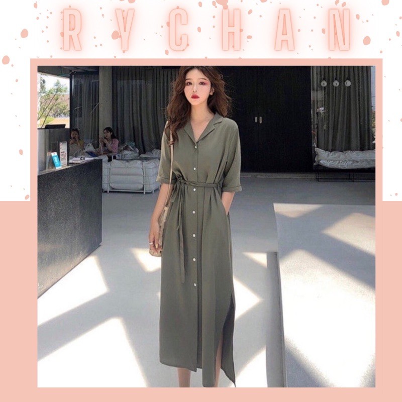 Đầm Sơ Mi Rêu Dáng Dài Cổ Vest Xẻ Tà Có Túi - DS007 | BigBuy360 - bigbuy360.vn