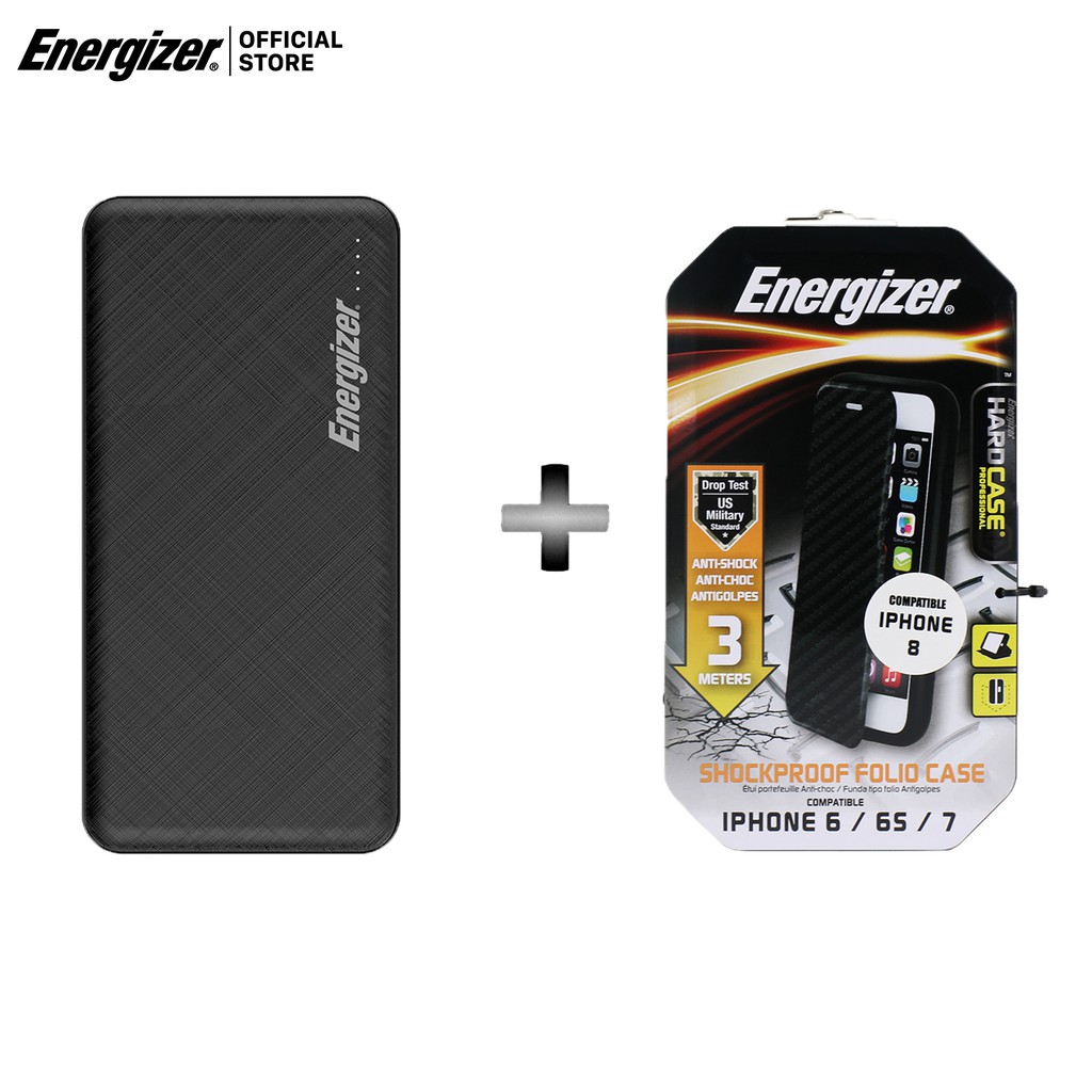 Combo sạc dự phòng 10,000mAh UE10053 + Bao gập Energizer carbon chống sốc 3m cho iPhone 6/7/8 - ENBOUL3MIP7CB