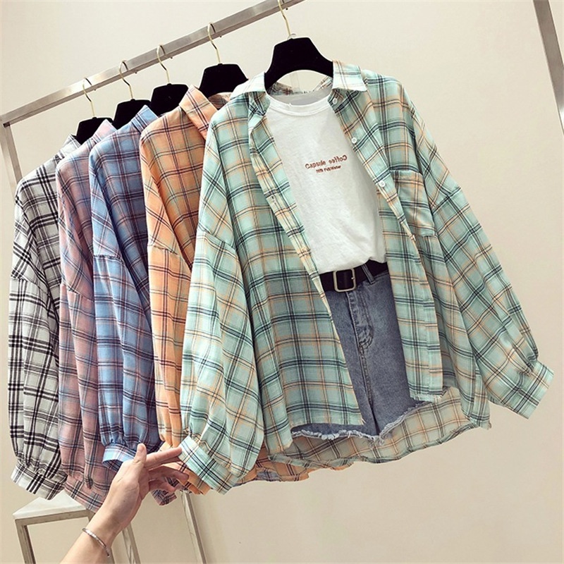 Linki ♡ Áo Sơ Mi Caro Tay Dài Dáng Rộng Trẻ Trung Phong Cách Hàn Quốc Cho Bạn Gái