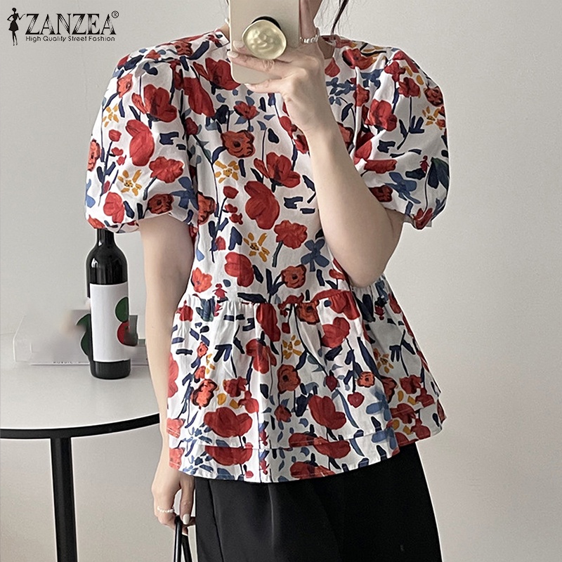Áo ZANZEA tay phồng cổ tròn in họa tiết phong cách vintage dành cho nữ