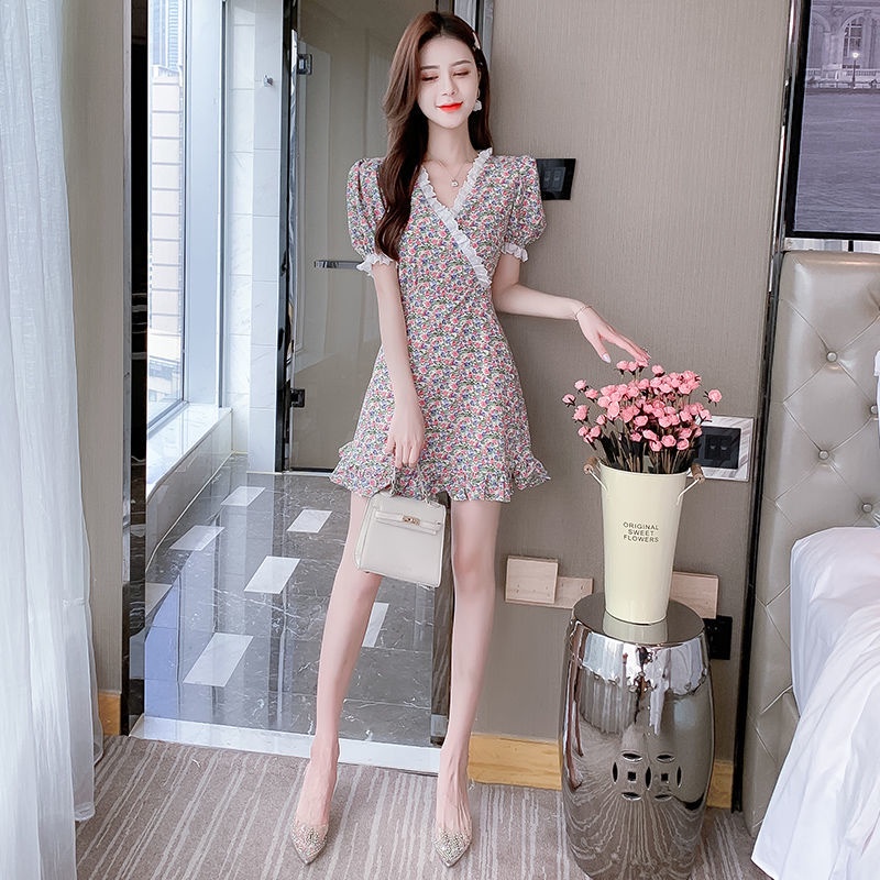 Đầm hồng đầm bigsize nữ đầm tay phồng đầm nữ đầm hoa nhí vintage váy tiểu thư sang chảnh váy cổ v váy ngắn đầm đi tiệc váy đi chơi