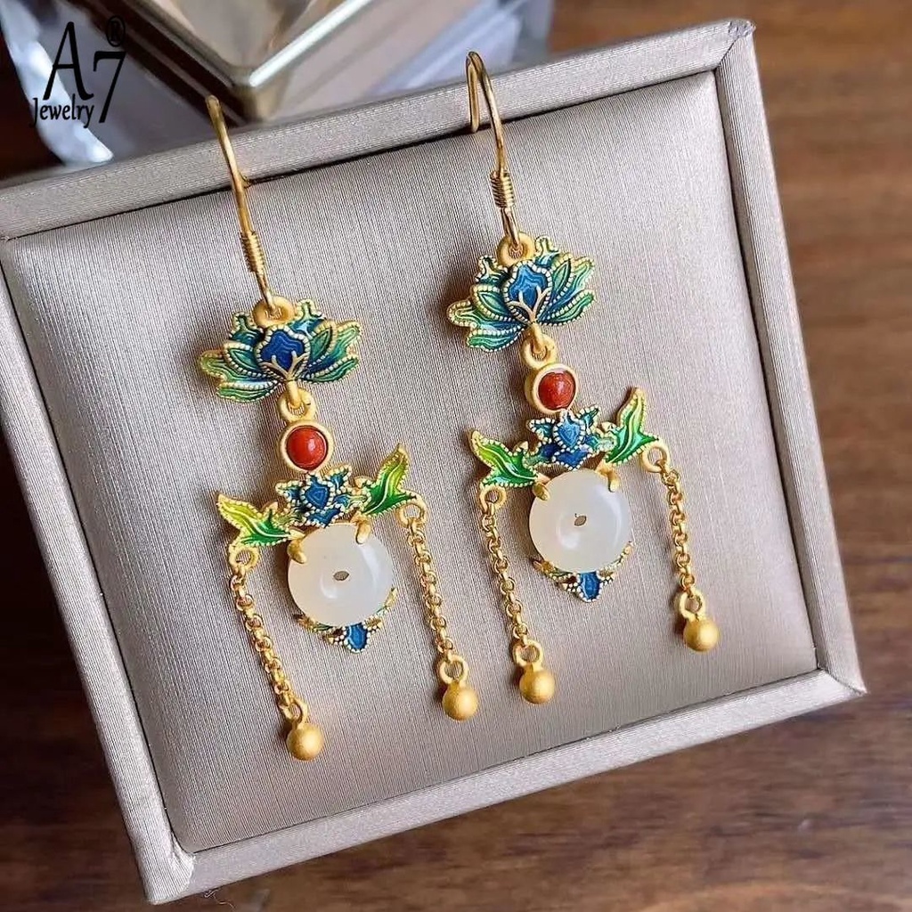 Bông Tai Bạc S925 Đính Ngọc Bích Trắng Phong Cách Cổ Điển Thanh Lịch Dành Cho Nữ A7