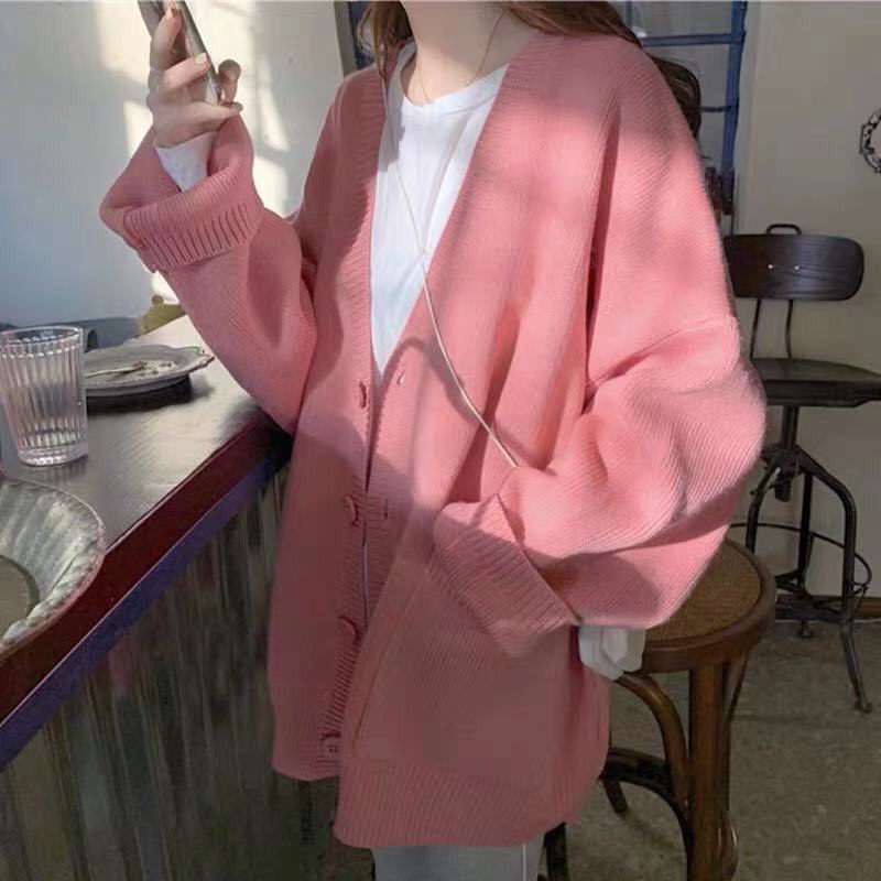 Áo khoác len cổ V cài cúc kèm túi học sinh dễ thương dáng rộng Oversize JK A00074
