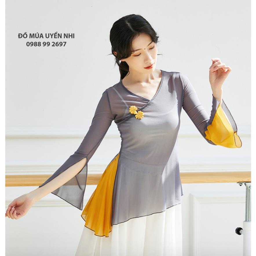 Áo lưới tập múa cổ trang, tập yoga tay loe xẻ, vạt chéo phối màu  - Đồ Múa Bảo Châu