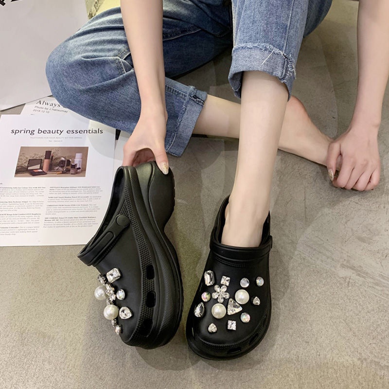 Dép Crocs Đi Biển Đế Dày Chống Trượt Đính Ngọc Trai Thời Trang Dép lê