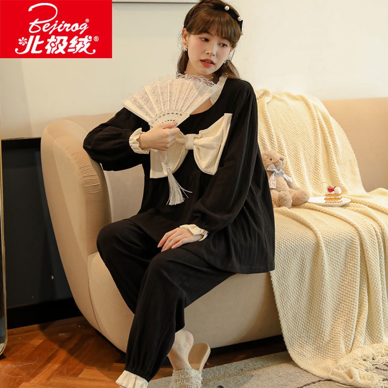 Bộ đồ ngủ tay dài chất nhung cotton thời trang thu đông cho nữ 2 021 mới