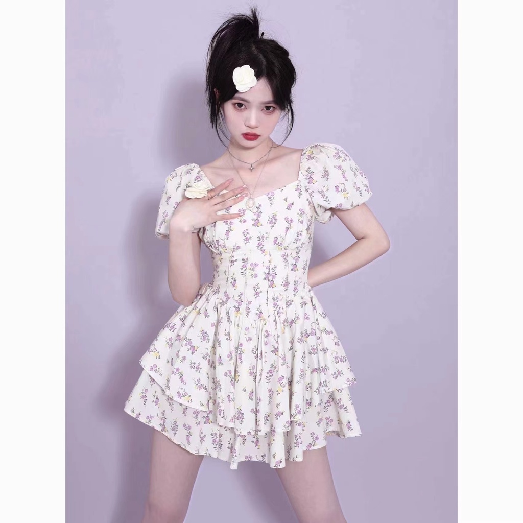 Đầm hoa ZHELIHANGFEI ngắn tay phong cách thời trang xinh xắn dành cho nữ