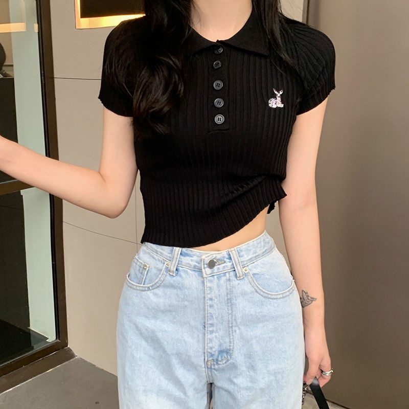 Áo Thun Tay Ngắn Dáng Ôm Thêu Họa Tiết Dễ Thương Phong Cách Hồng Kông