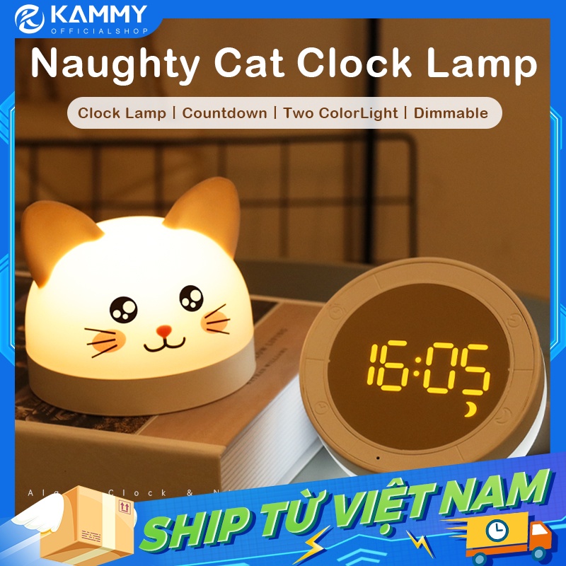 Đồng hồ báo thức mèo dễ thương 3 màu đèn LED hẹn giờ báo lại Đèn ngủ có thể sạc lại cho trẻ em