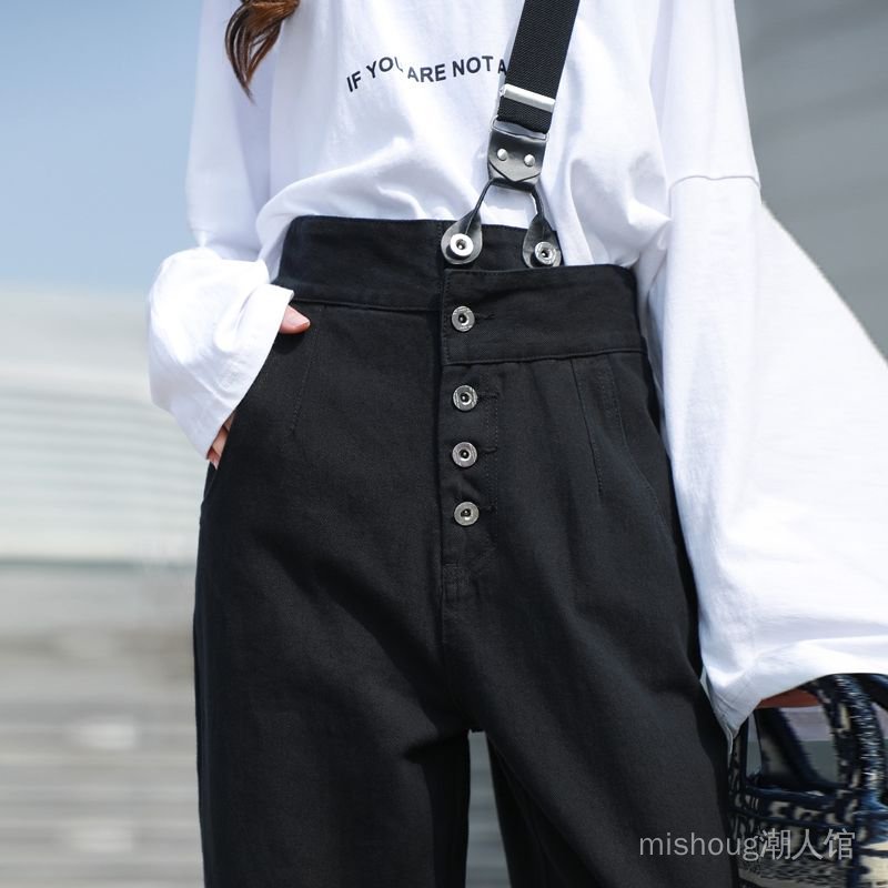 Quần Yếm Denim Màu Đen Dáng Suông Rộng Lưng Cao Thời Trang Xuân Thu Cho Nữ