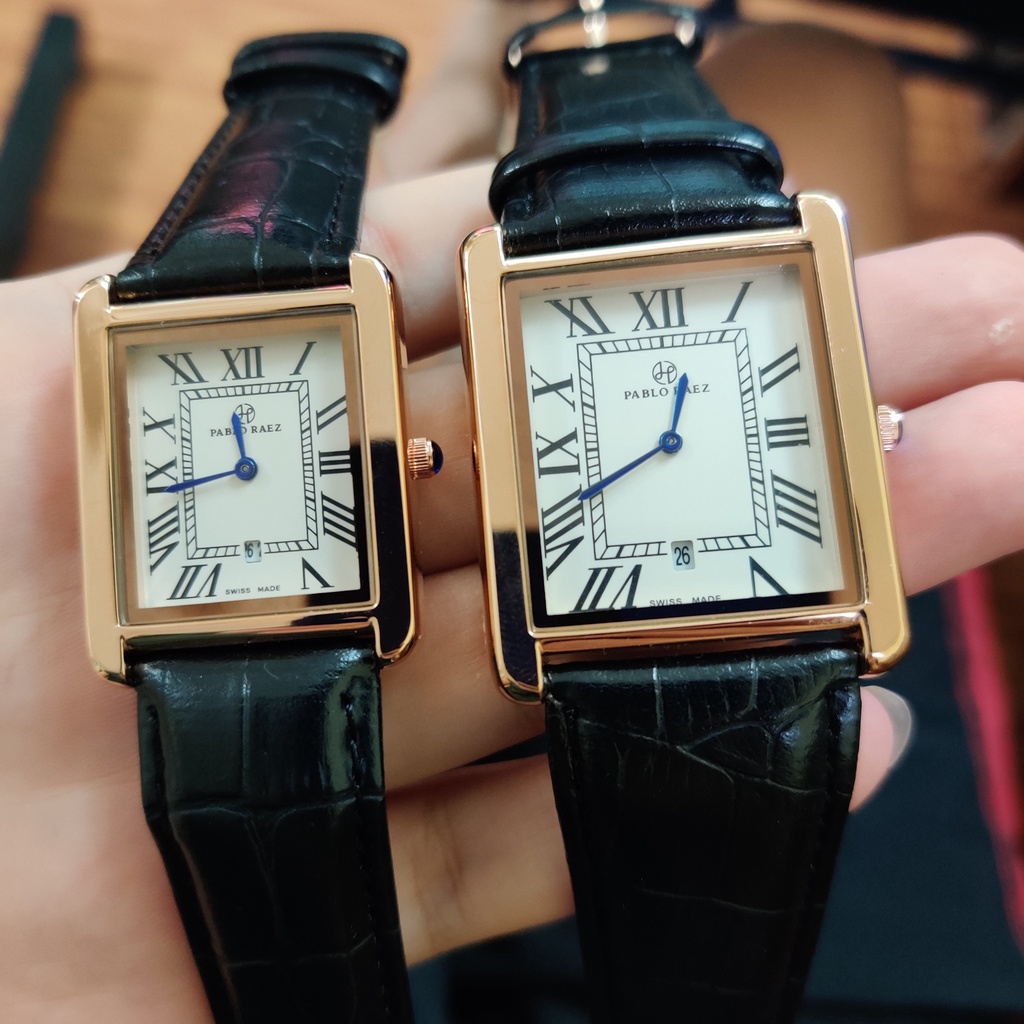 Đồng hồ nam nữ mặt vuông tank Pablo Raezz dây da cực đẹp