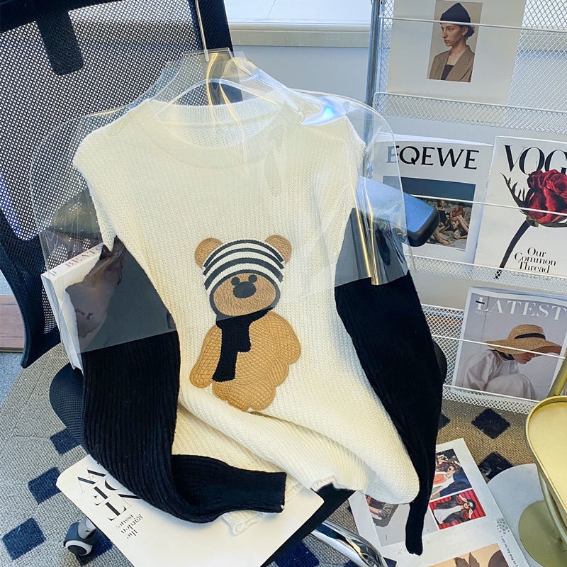 Áo Len Dáng Rộng Hở Vai Màu Sắc Tương Phản Thời Trang Thu Đông Dành Cho Nữ