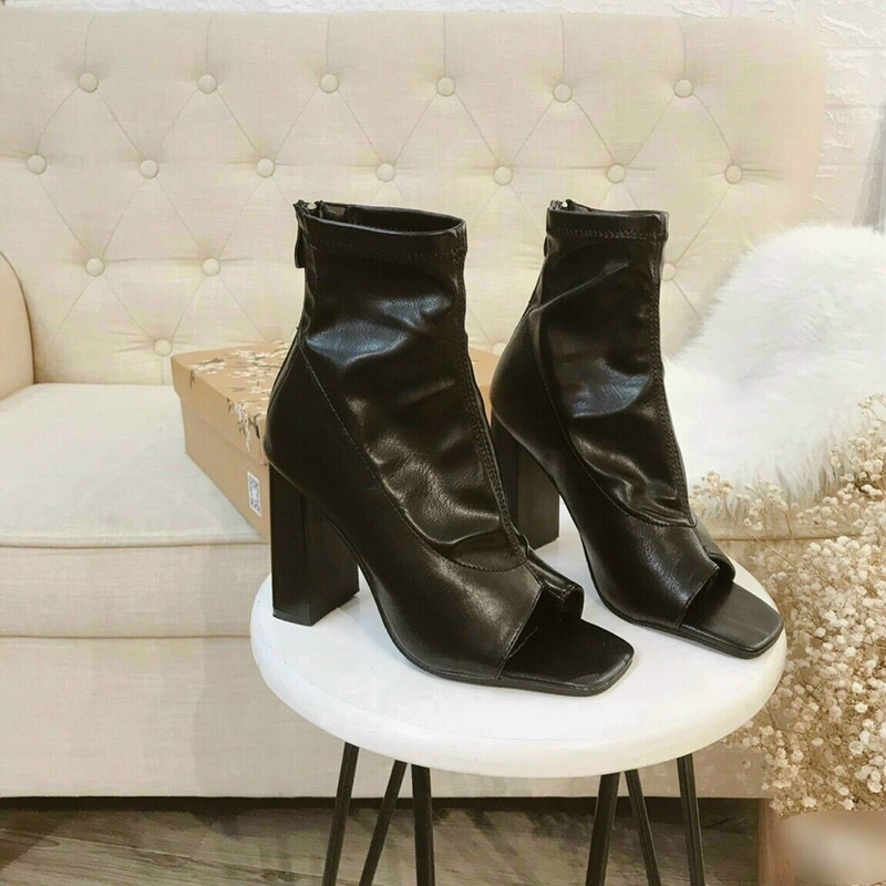 Bốt hở mũi, bốt cao cổ gót vuông 9cm mã 888