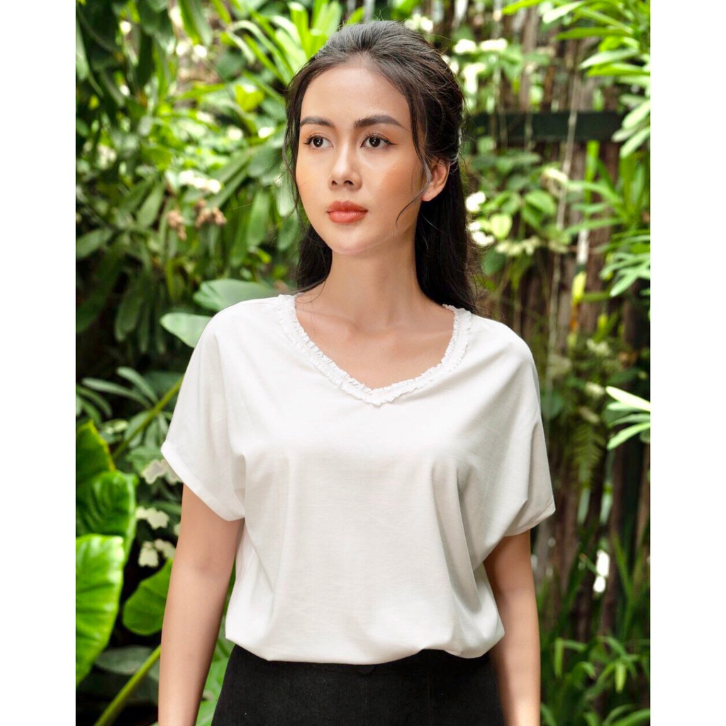 DIDO - Áo Cotton Cổ Tim Phối Ren Nữ