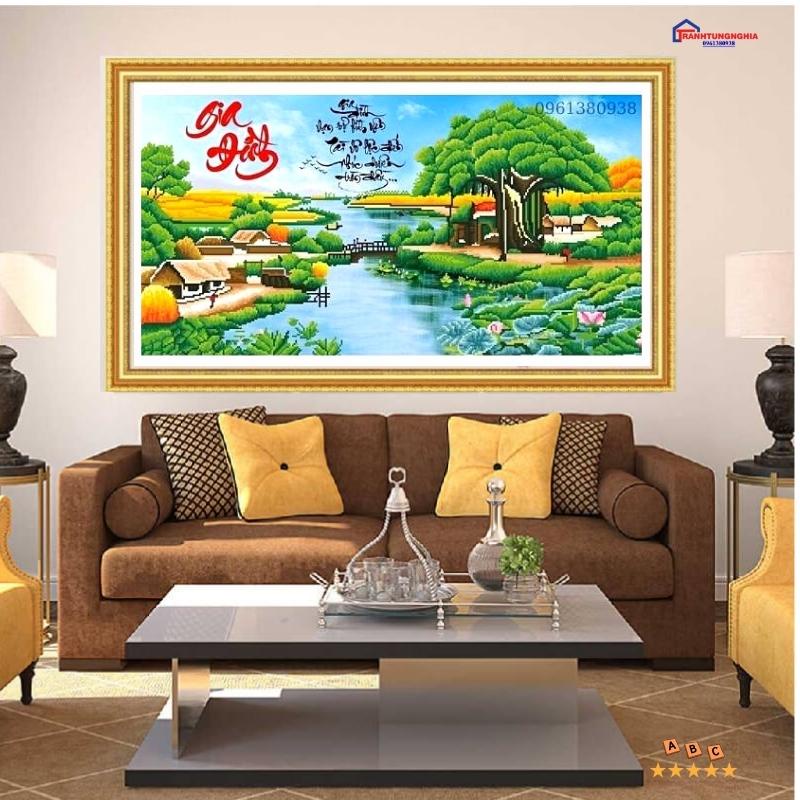 Tranh đính đá, tranh thêu chữ thập gia đình hạnh phúc 1m x 57cm
