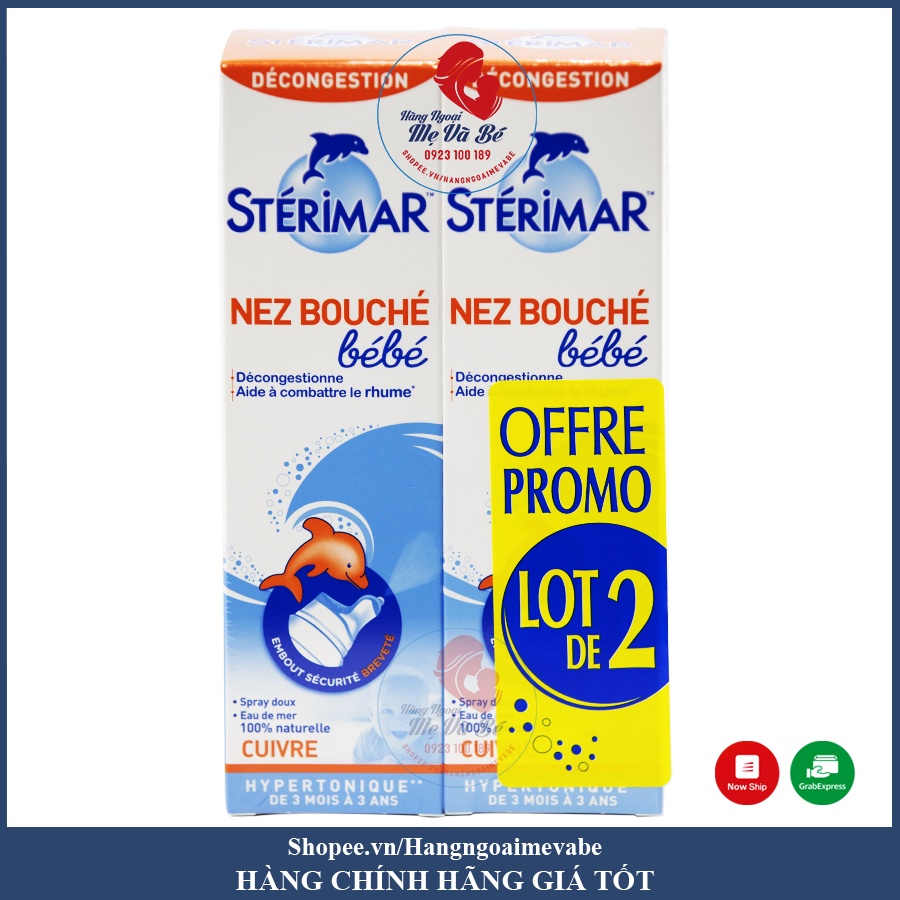 Xịt muối biển cá heo vàng và cá heo cam, xịt mũi cá heo (100ml) vệ sinh mũi cho bé 0-3 tuổi Sterimar, Pháp