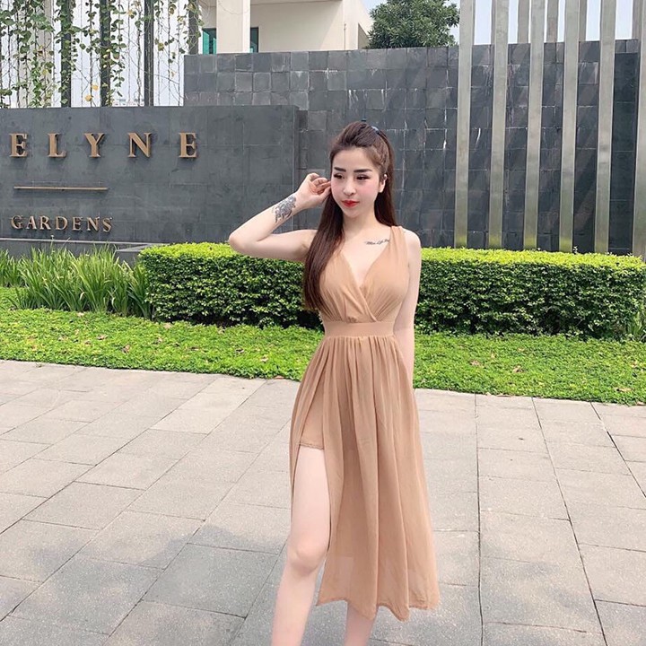 Đầm maxi thiết kế nhún hông xẻ tà thanh lịch dành cho nữ | BigBuy360 - bigbuy360.vn