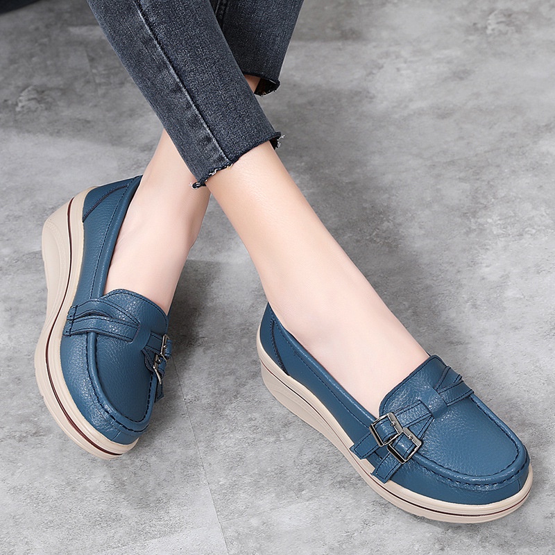Giày nữ da bò HT.NeO , Giày da wedge đế bằng buộc nơ điệu đà êm mềm thoải mái  thời trang giản dị phong cách 4 mùa 3038