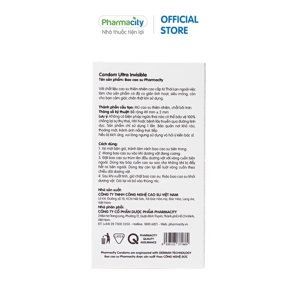Bao cao su siêu mỏng Pharmacity Ultra Invisible (10 cái/hộp)