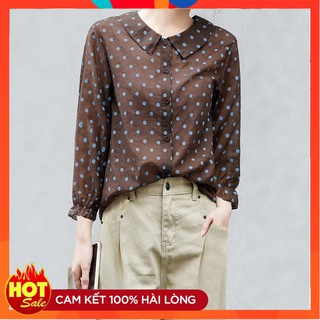 Áo sơ mi I Áo kiểu nữ công sở chấm bi cổ sen Linen cực xinh