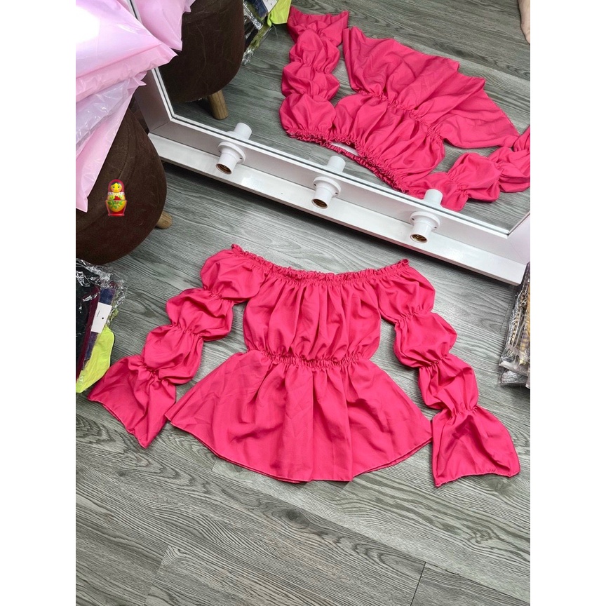 Áo kiểu trễ vai bo thun ngực eo tay bồng nhúm xinh xinh , chất kate mềm mát