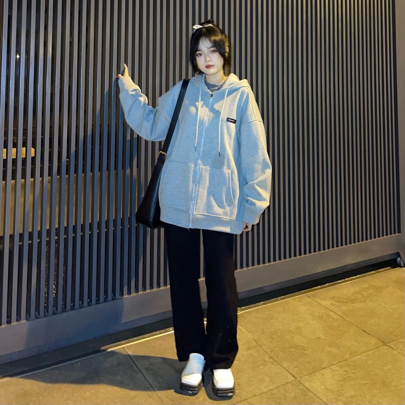ÁO KHOÁC HOODIE ZIP NAM NỮ MŨ RỘNG FORM RỘNG UNISEX MÀU GREY XÁM FUNKY