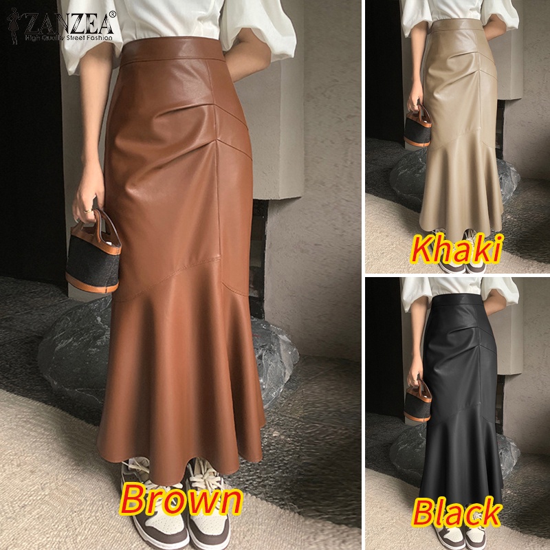 Chân váy ZANZEA bằng da xếp ly phong cách Hàn Quốc thanh lịch dành cho nữ