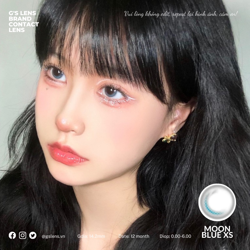 Lens Mắt Kính Áp Tròng Trăng Khuyết Xám Xanh MOON BLUE Không Giãn Có Từ 0 Đến 6 Độ Lệch Độ Size XS 14mm