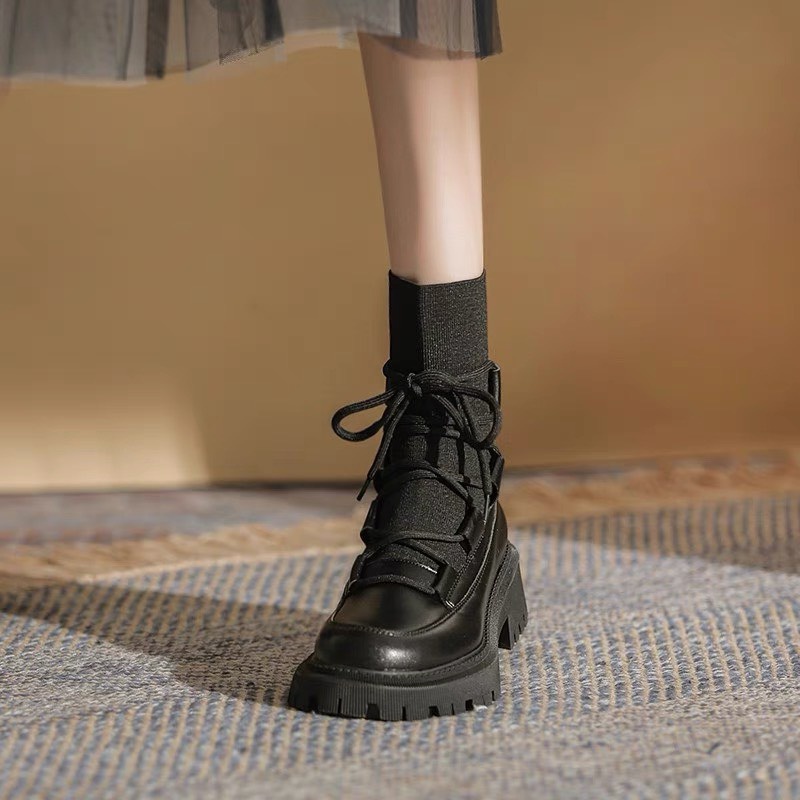 Giày bốt nữ B-3 cao cổ buộc dây chất liệu da phối len đế cao 4.5 cm phong cách ulzzang hàn quốc hot 2021