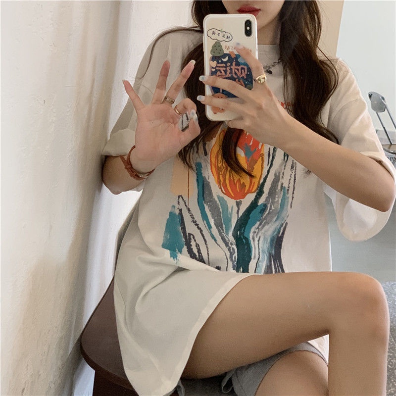 Áo thun dáng rộng tay ngắn phong cách retro thời trang hè cho nữ