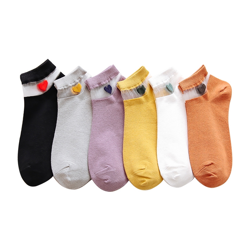Heart Love Emboridery Women Ankle Socks Summer Fashion Candy Color Transparent Glass Silk Breathable Ladies Socks Girls Hosiery