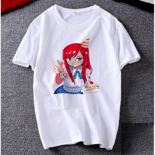 Áo thun Cotton Unisex - Nhân vật Erza Scarlet - Fairy Tail - Chibi - Erza Scarlet đút bánh