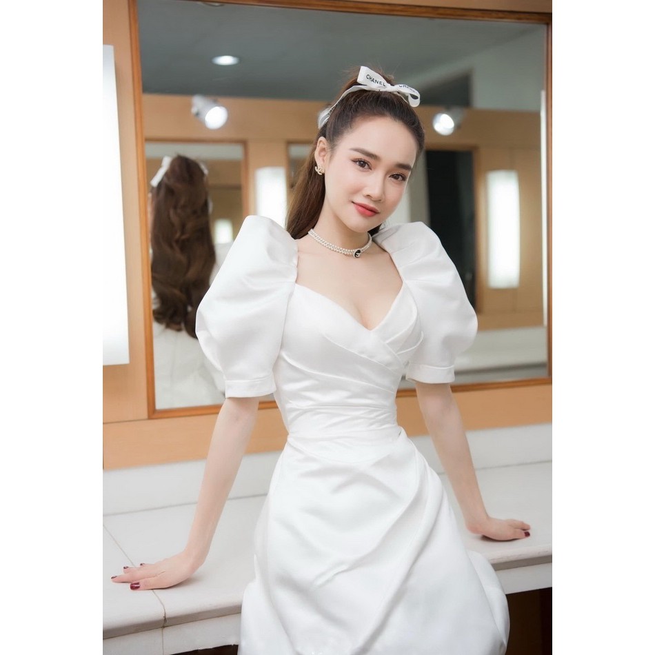 Đầm Lụa xòe tay phồng nhúng eo đi tiệc - đám cưới - đi làm cực sang