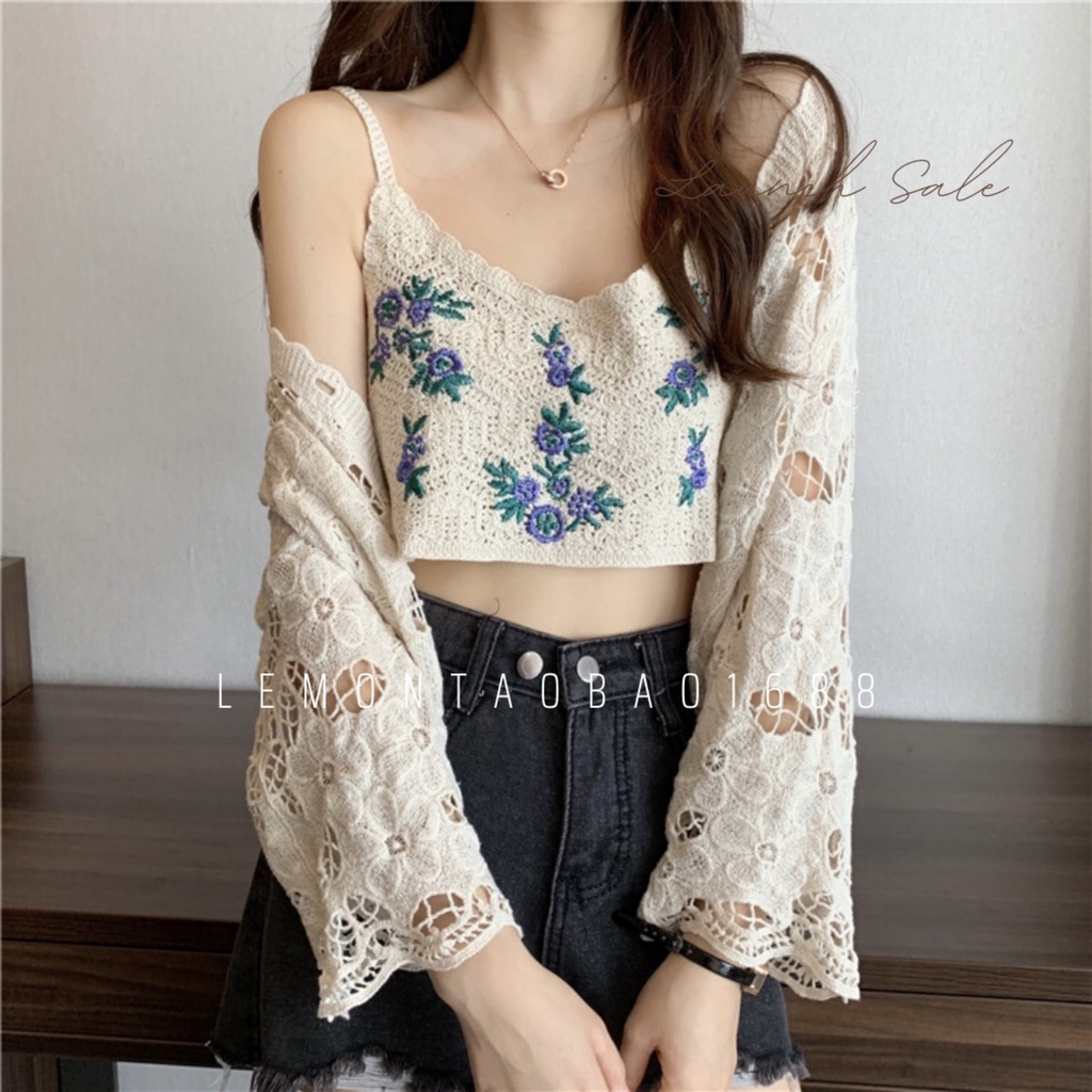 [ Có sẵn ] Áo 2 dây thêu hoa dệt kim len móc croptop có thể mặc bên ngoài